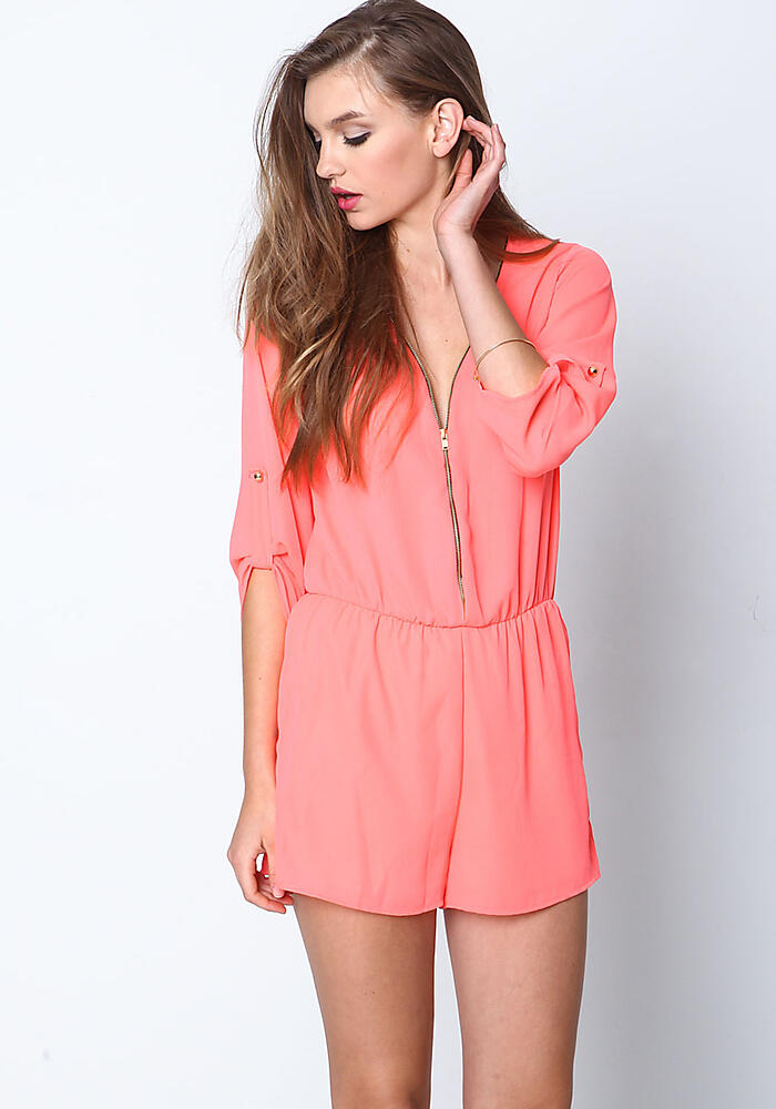 Junior Clothing Neon Coral Zip Front Woven Romper Loveculture