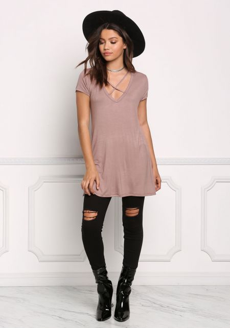 Junior Clothing | Mocha X Strap Jersey Knit Tunic Top | Loveculture.com