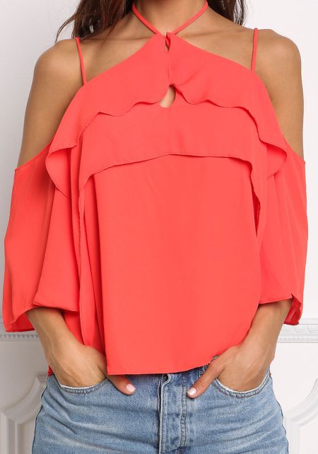 Junior Clothing | Red Chiffon Cold Shoulder Layered Blouse ...