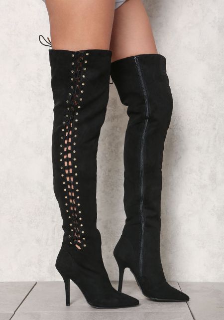 Junior Clothing | Black Side Lace Up Thigh High Boots | Loveculture.com