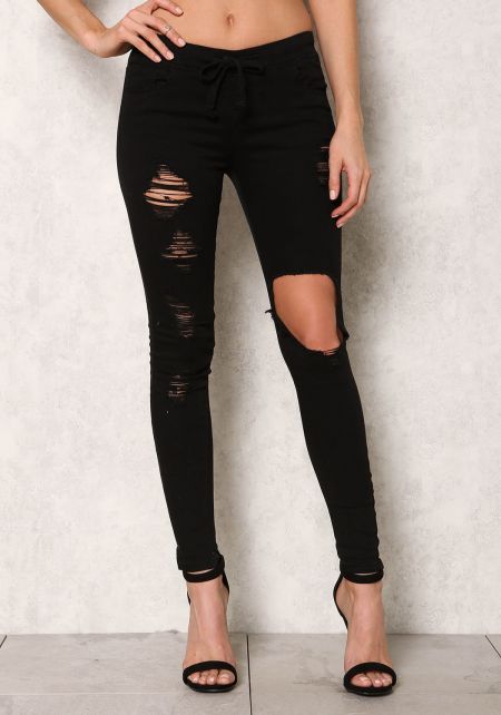 Junior Clothing | Black Drawstring Cut Out Distressed Jeans ...