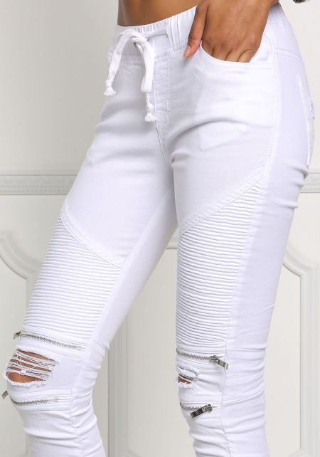Junior Clothing | White Embossed & Distressed Zipper Trim Skinny Jeans ...