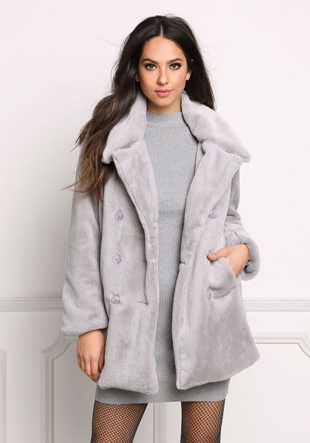 Junior Clothing | Grey Faux Fur Double Breasted Coat | Loveculture.com