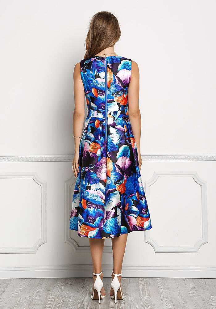 Junior Clothing | Blue Taffeta Floral Print A-Line Midi Dress | Loveculture .com