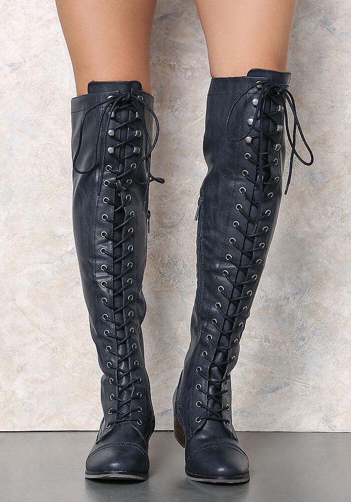 Junior Clothing | Navy Leatherette Lace Up Knee High Boots ...