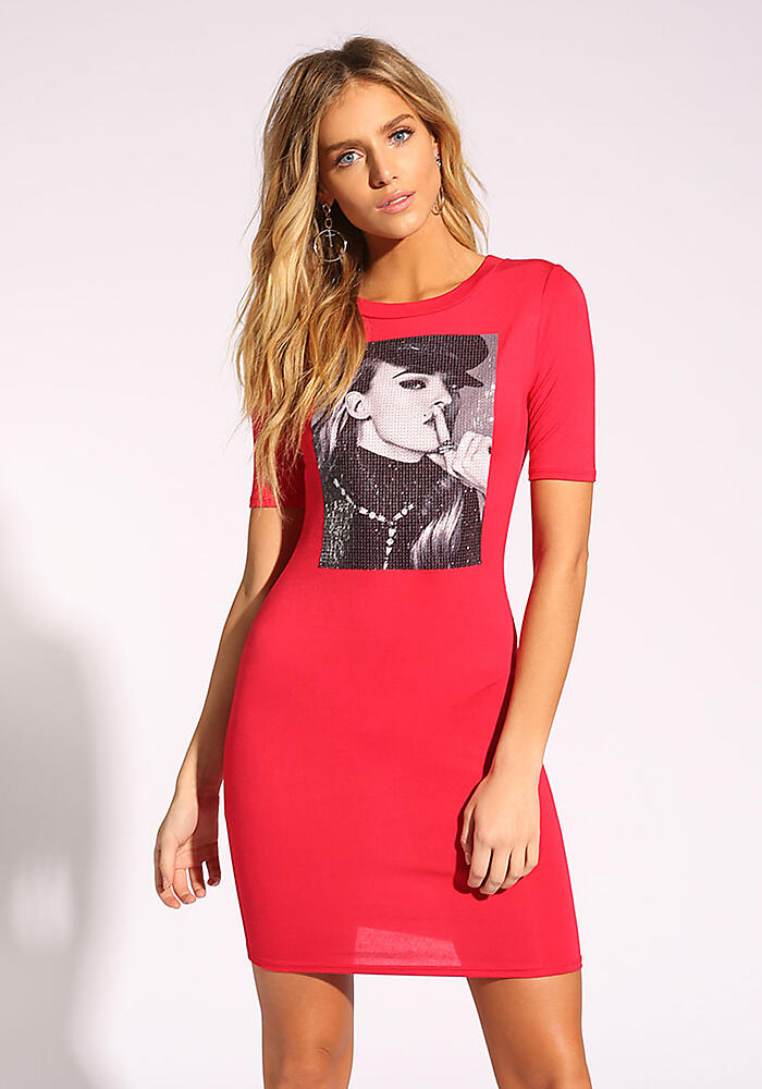 Red Sequin Graphic T-Shirt Dress 