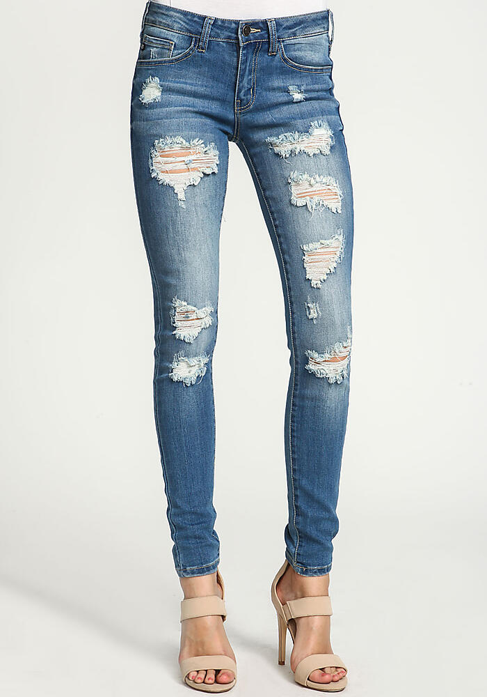 Junior Clothing | Shredded Mid Rise Washed Jeans | Loveculture.com