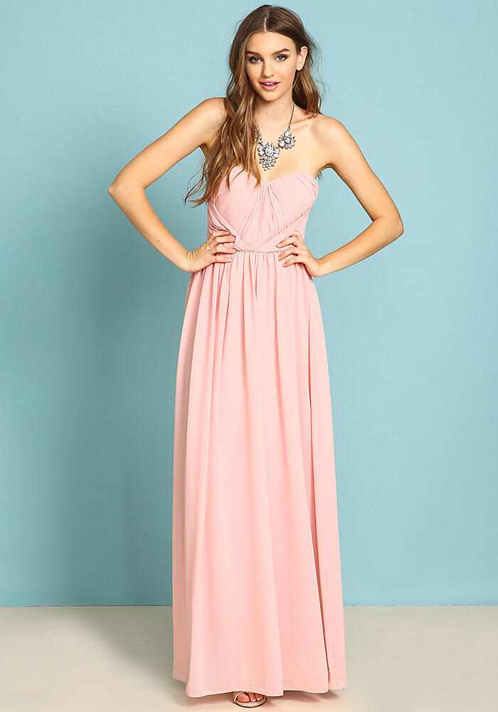 Junior Clothing | Pink Ruched Rhinestone Maxi Gown | Loveculture.com