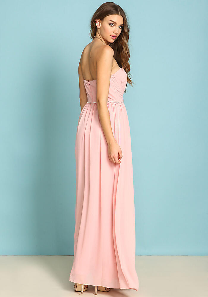 Junior Clothing | Pink Ruched Rhinestone Maxi Gown | Loveculture.com