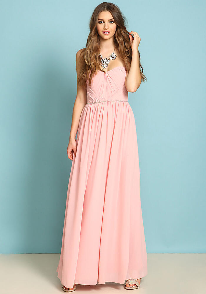 Junior Clothing | Pink Ruched Rhinestone Maxi Gown | Loveculture.com