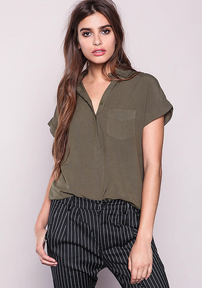 Junior Clothing | Olive Woven Button Up Shirt | Loveculture.com