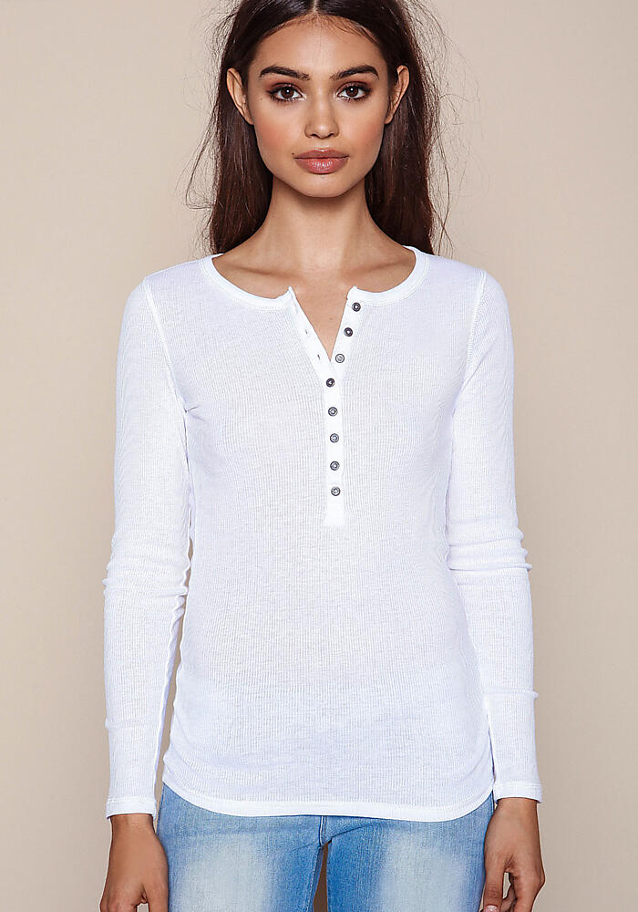 Junior Clothing | White Buttoned Henley Ribbed Knit Top | Loveculture.com
