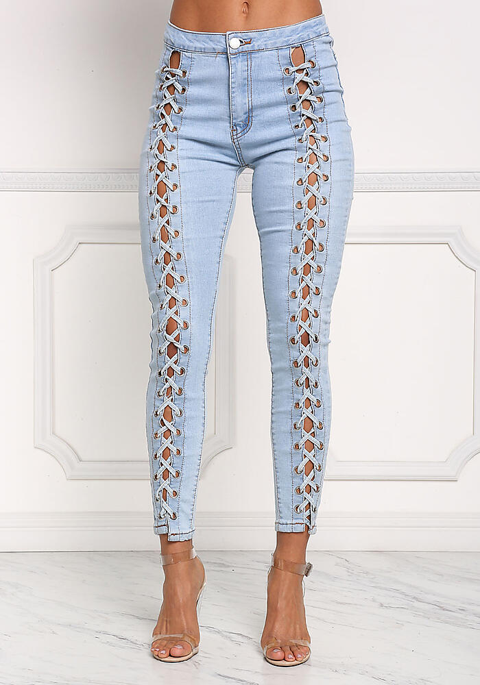Junior Clothing | Light Denim Front Lace Up Skinny Jeans | Loveculture.com