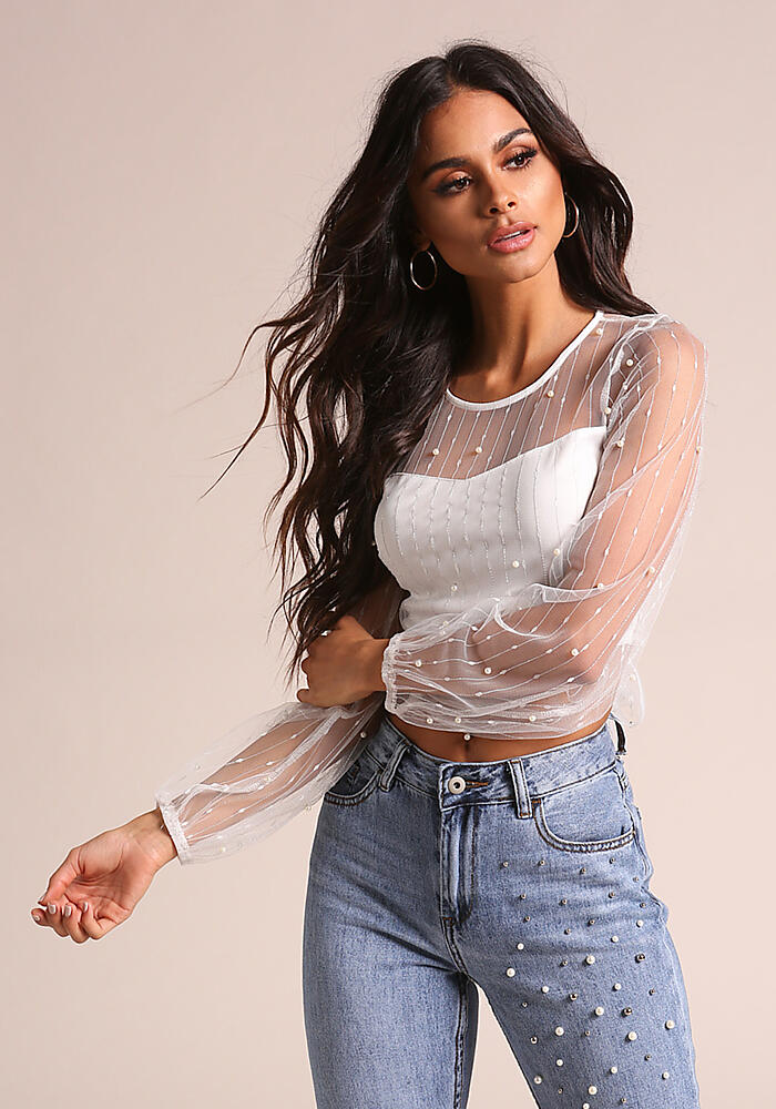 Junior Clothing | White Tulle Pearl Embellished Crop Top | Loveculture.com
