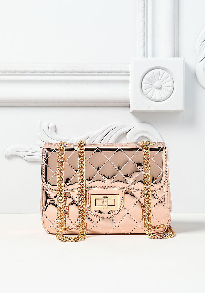 Rose Gold Pantent Quilted Mini Crossbody Bag