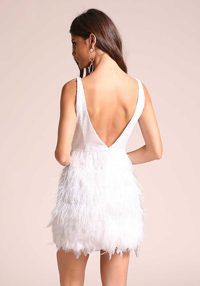 Junior Clothing | White Sequin Faux Feather Plunge Bodycon Dress ...