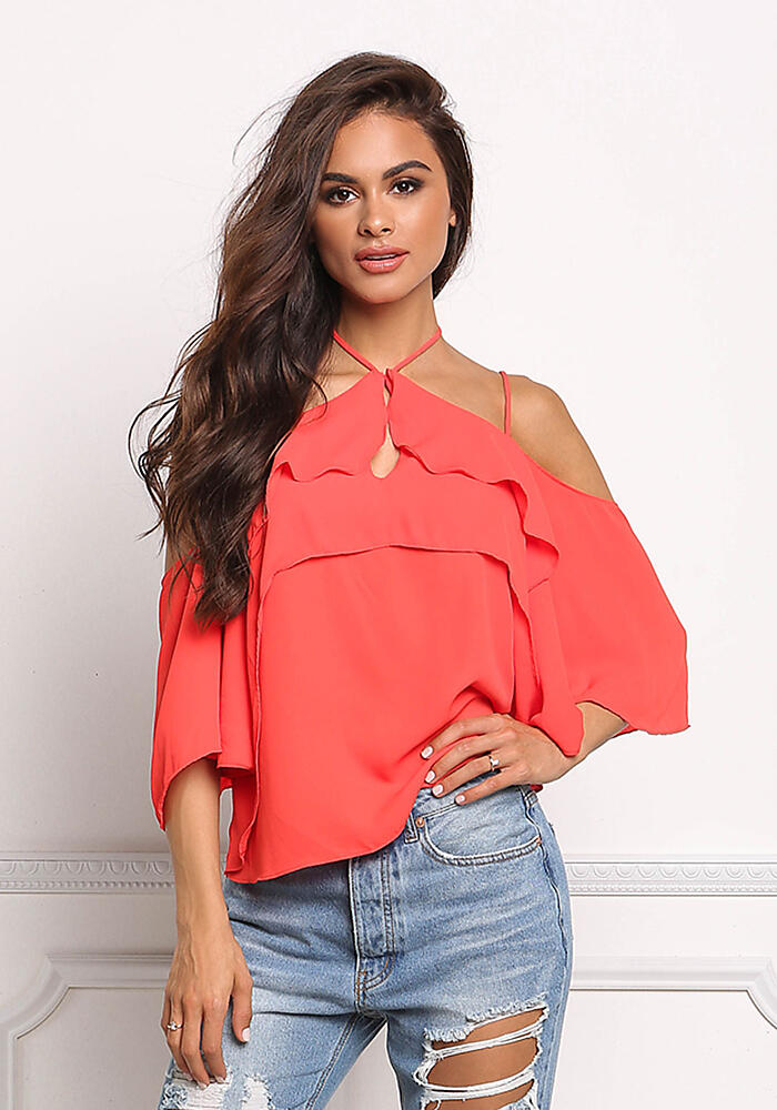 Junior Clothing | Red Chiffon Cold Shoulder Layered Blouse ...