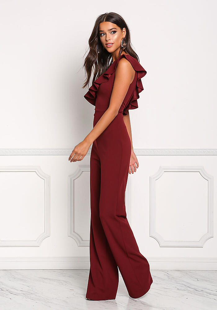 burgundy one shoulder jumpsuit