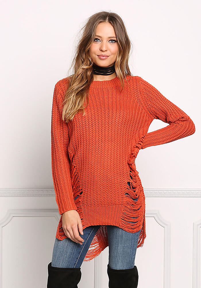 Junior Clothing | Rust Frayed Chunky Knit Tunic Top | Loveculture.com