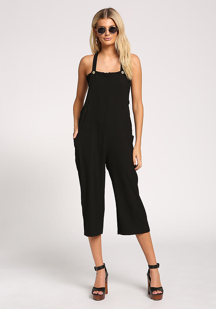 black cropped overalls