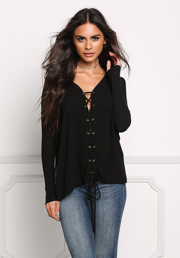 Junior Clothing | Black Lace Up Ribbed Knit Slit Top | Loveculture.com