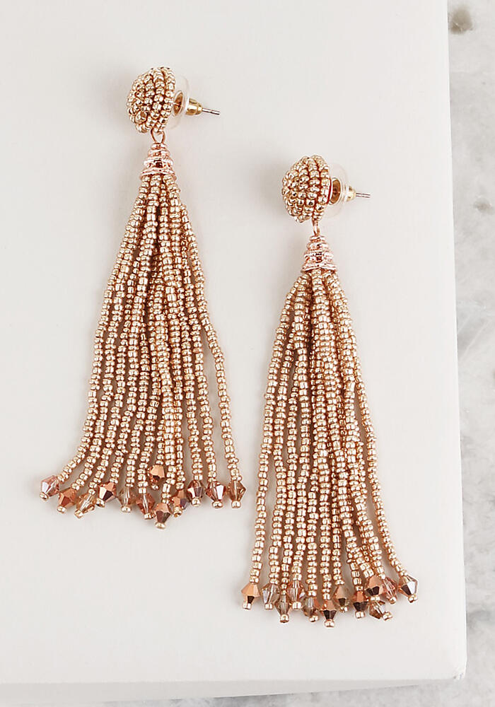 Junior Clothing | Rose Gold Beaded Stud Tassel Earrings | Loveculture.com