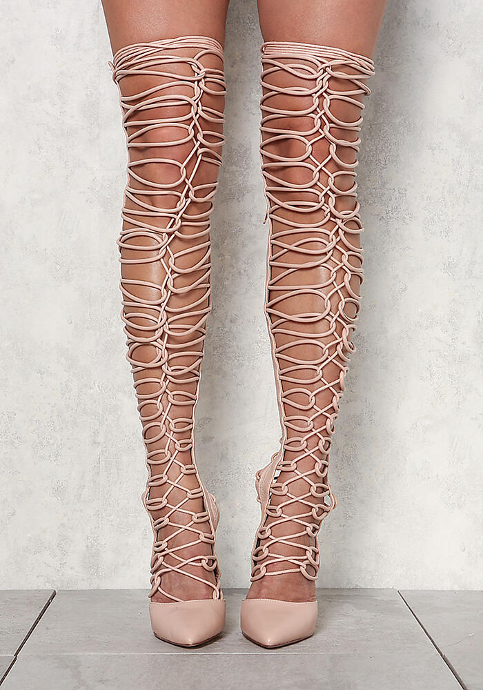Junior Clothing | Nude Pointed Toe Lace Up Thigh High Heels ...