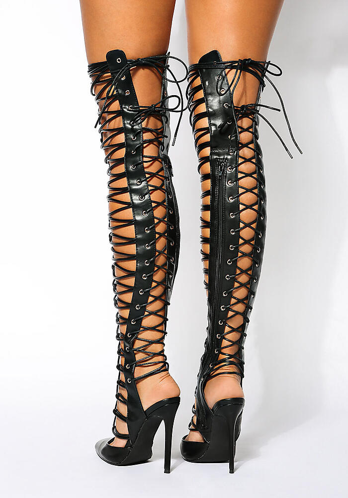Junior Clothing | Black Pointed Toe Lace Up Thigh High Heels ...