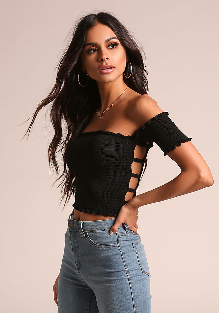 Junior Clothing | Black Smocked Side Cut Out Crop Top | Loveculture.com