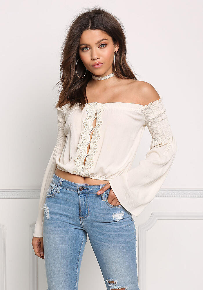 Junior Clothing | Taupe Crepe Off Shoulder Cut Out Crop Top ...
