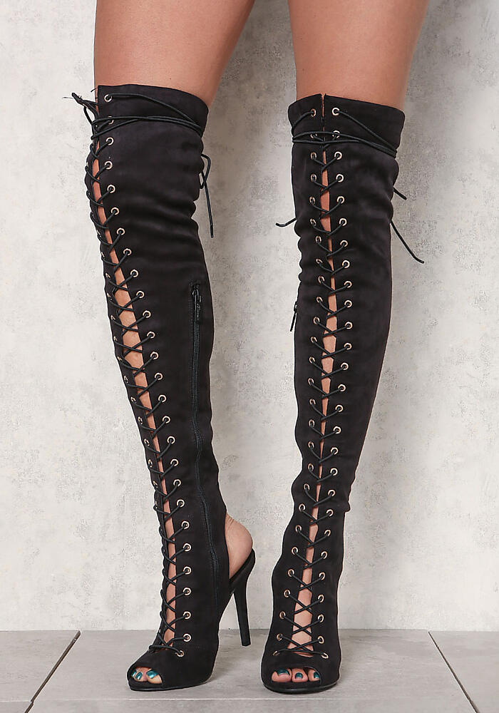 Junior Clothing | Black Suedette Lace Up Thigh High Boots | Loveculture.com