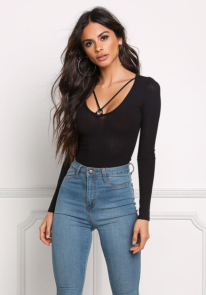 Junior Clothing | Black Strappy Hoop Ribbed Knit Top | Loveculture.com