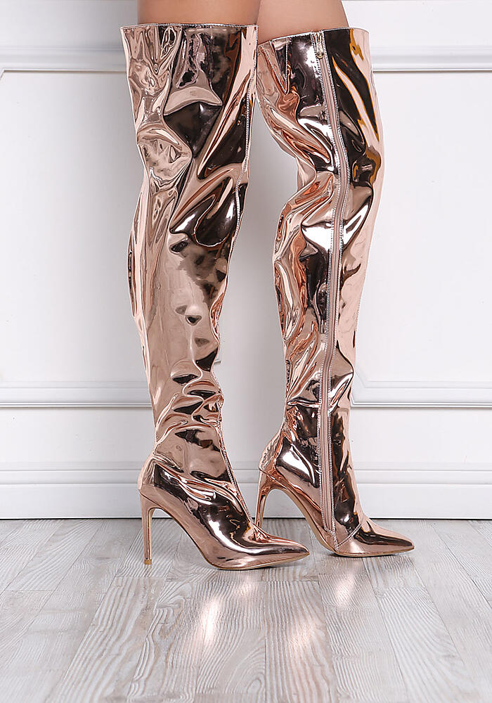 Rose Gold Patent Thigh High Boots 
