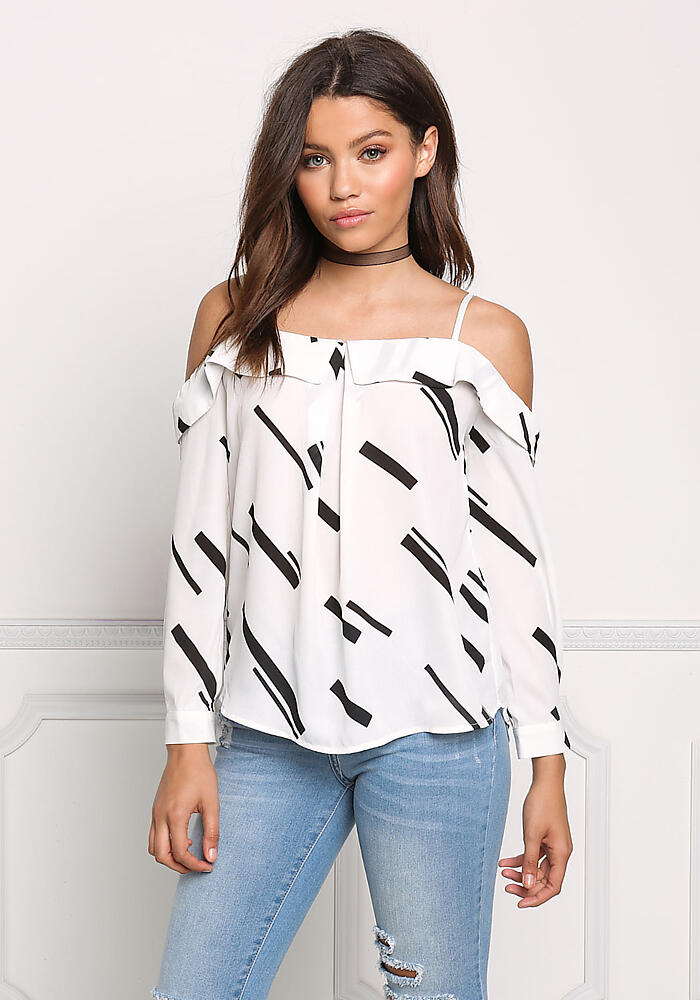 Junior Clothing | White Cold Shoulder Printed Blouse | Loveculture.com
