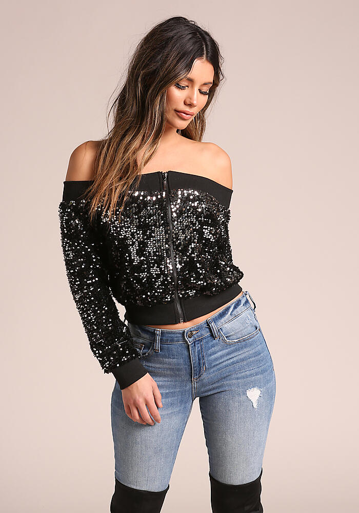 black sequin off the shoulder top