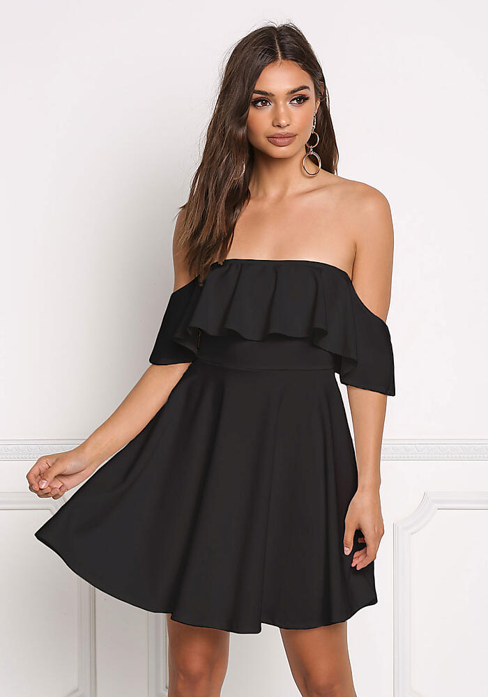 Black Off Shoulder Ruffle Flared Dress - Dresses
