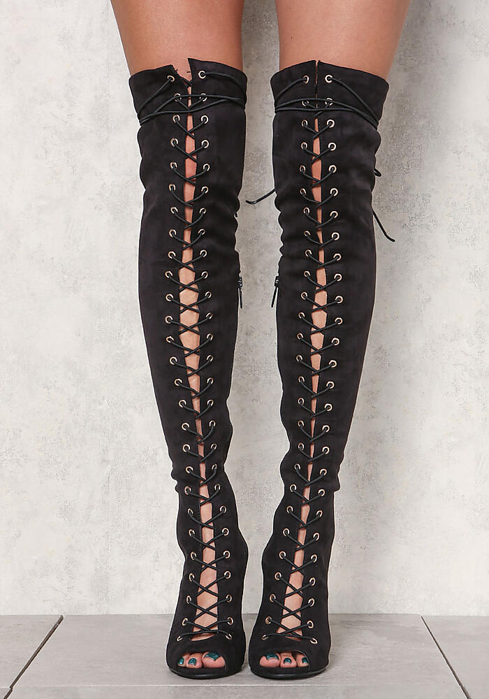 laced up thigh high boots