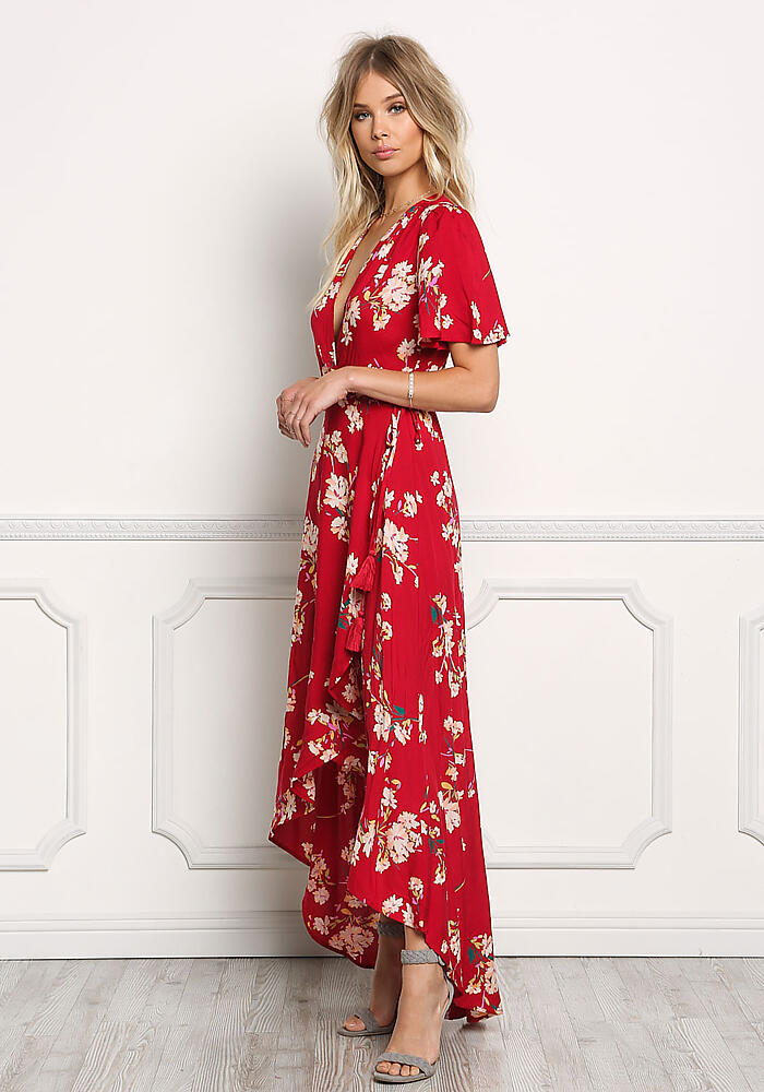 Junior Clothing | Red Floral Wrap Hi-Lo Maxi Dress | Loveculture.com