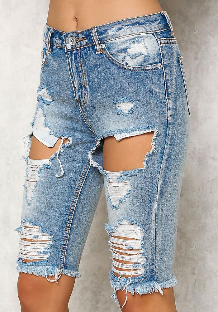 Junior Clothing | Denim Cut Out Frayed Bermuda Shorts | Loveculture.com