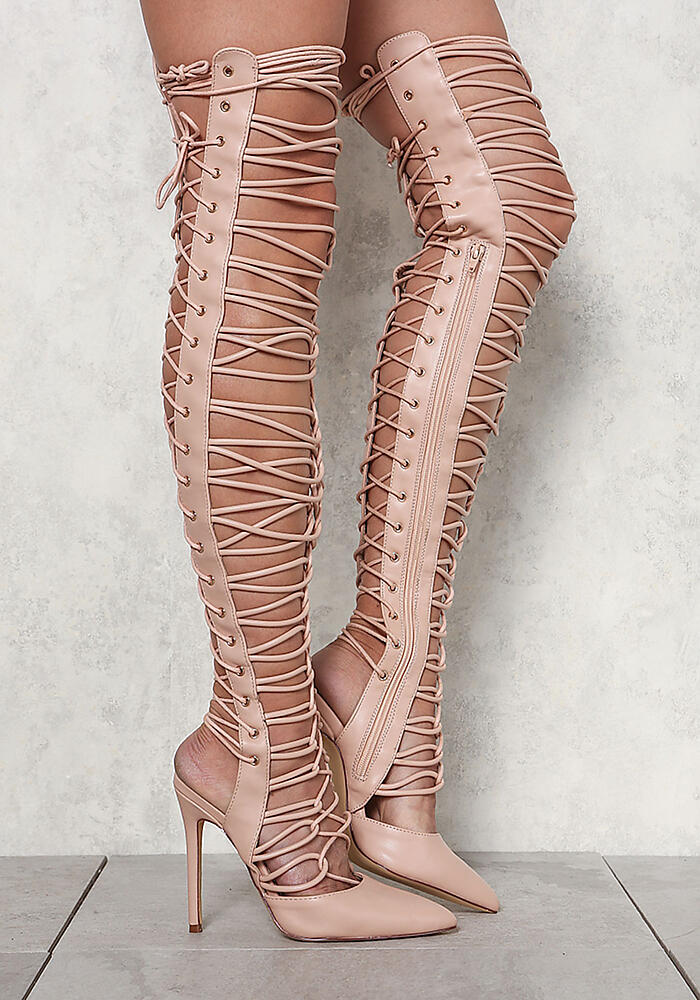 thigh high lace up sandal heels