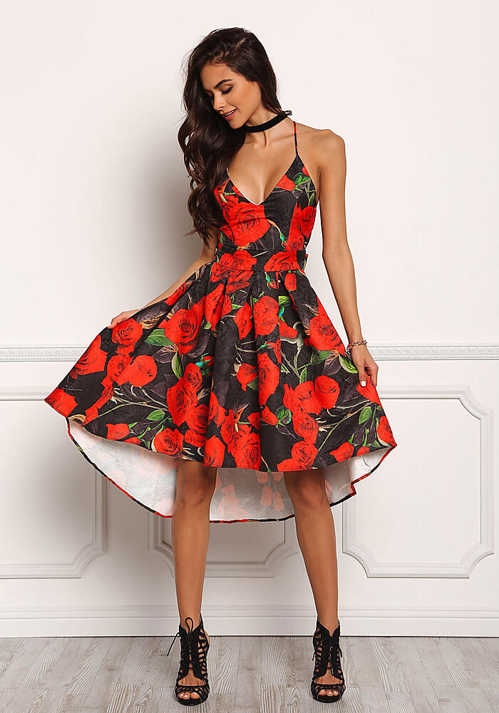 Black and Red Lustrous Rose Flare Dress 