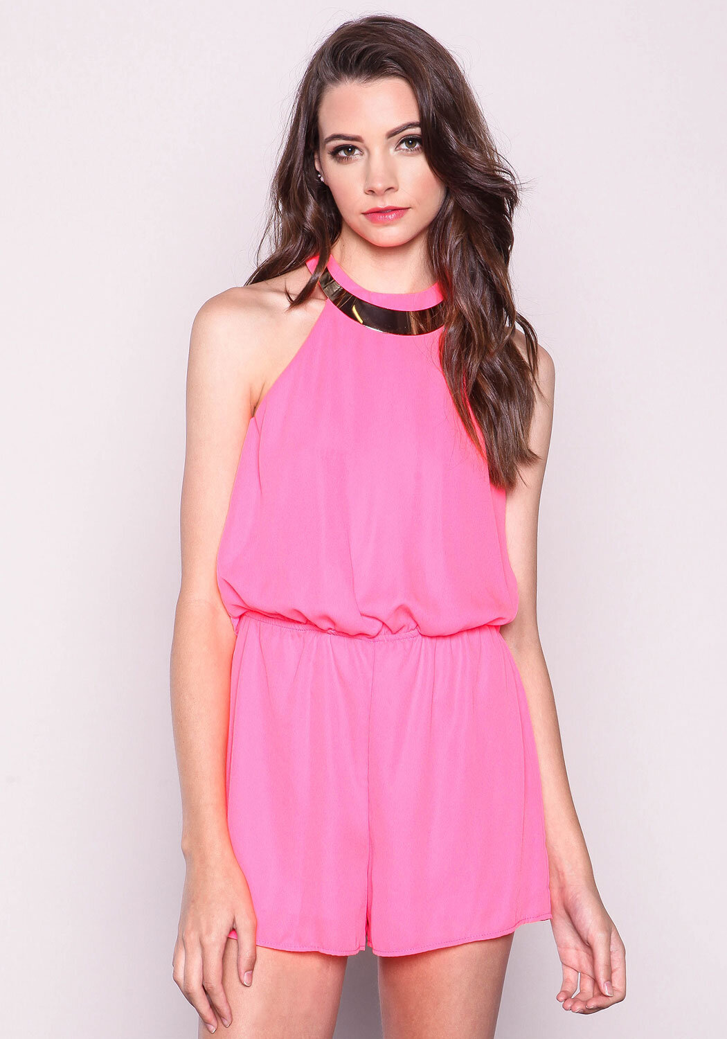Junior Clothing | Neon Pink Gold Collar Tiered Romper | Loveculture.com