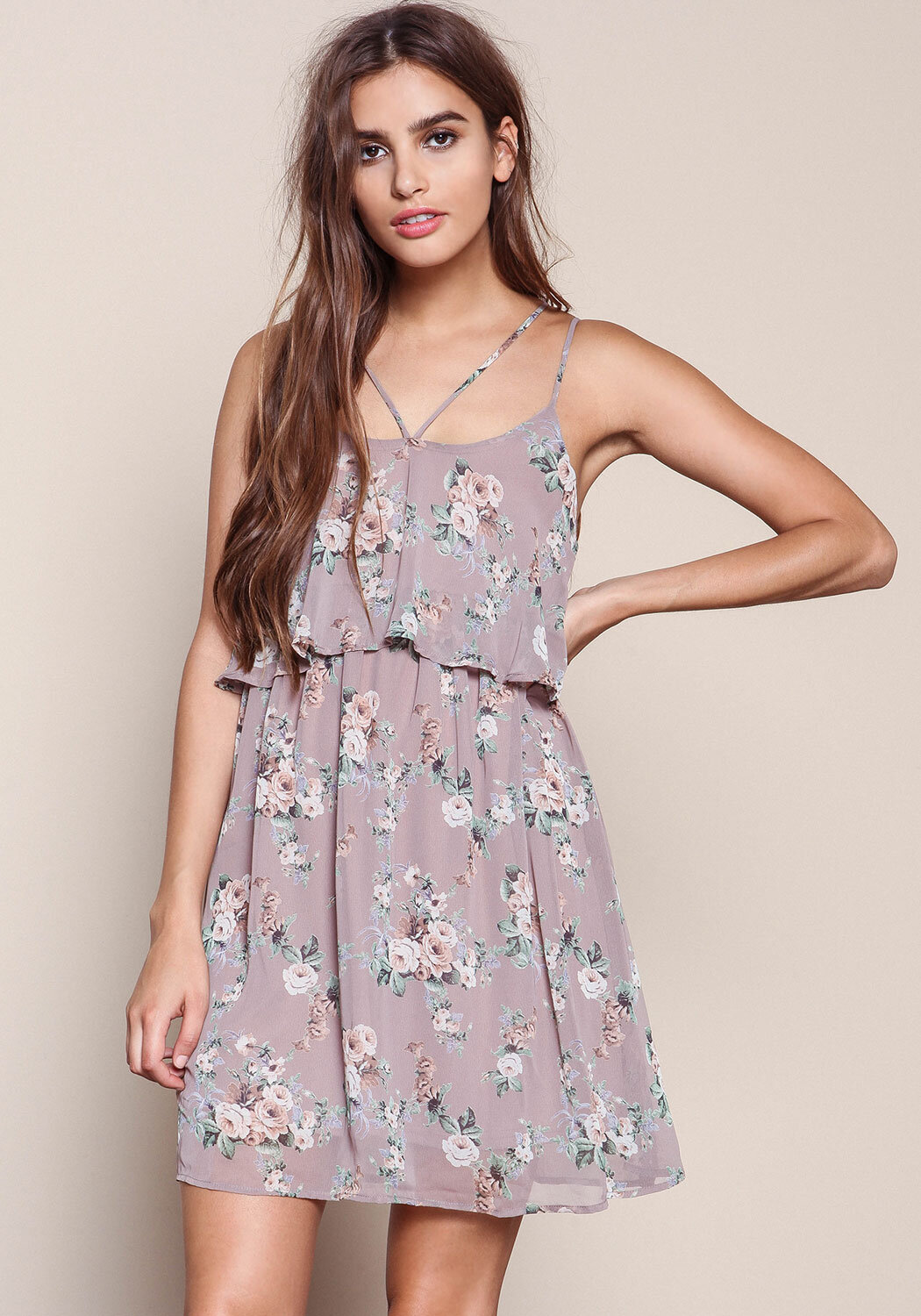 Junior Clothing | Mauve Floral Strappy Tiered Dress | Loveculture.com