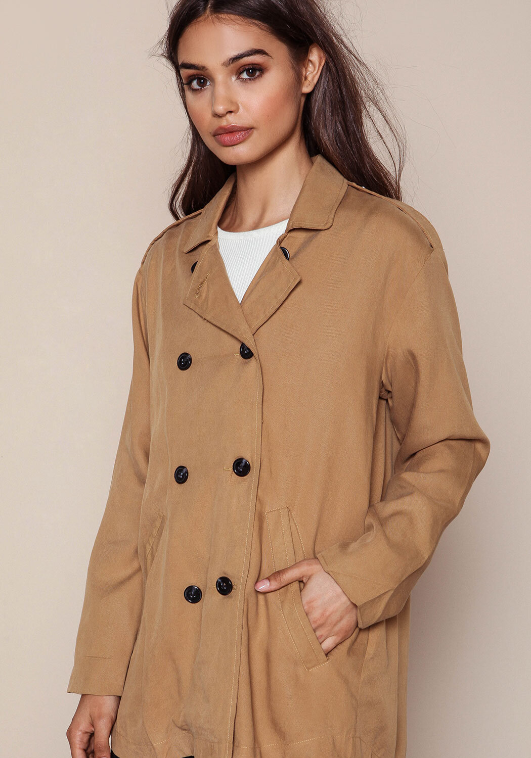 Junior Clothing | Camel Double Breasted Short Trench Coat ...