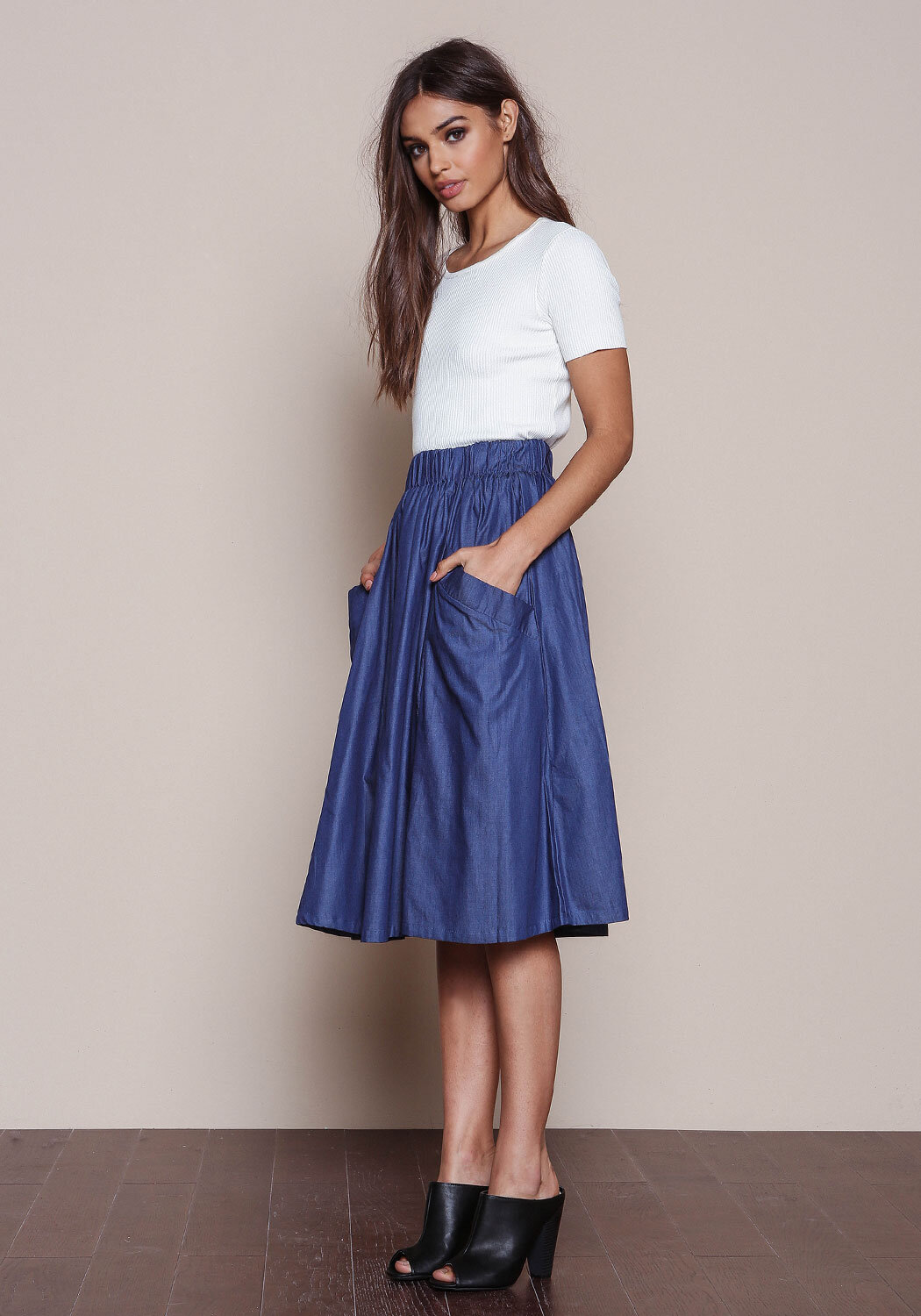 Junior Clothing | Blue Chambray Flare Midi Skirt with Pockets ...